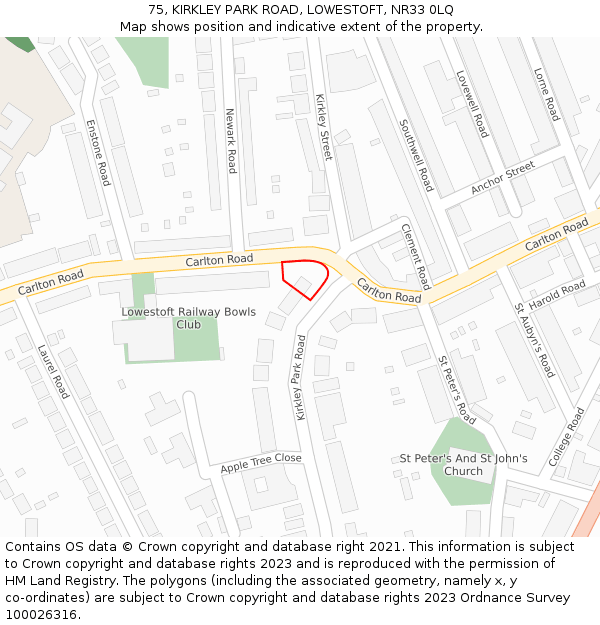 75, KIRKLEY PARK ROAD, LOWESTOFT, NR33 0LQ: Location map and indicative extent of plot