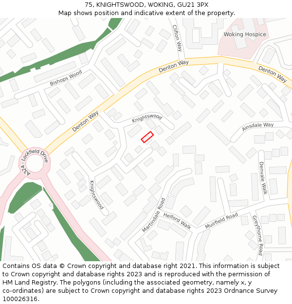 75, KNIGHTSWOOD, WOKING, GU21 3PX: Location map and indicative extent of plot