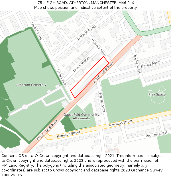 75, LEIGH ROAD, ATHERTON, MANCHESTER, M46 0LX: Location map and indicative extent of plot