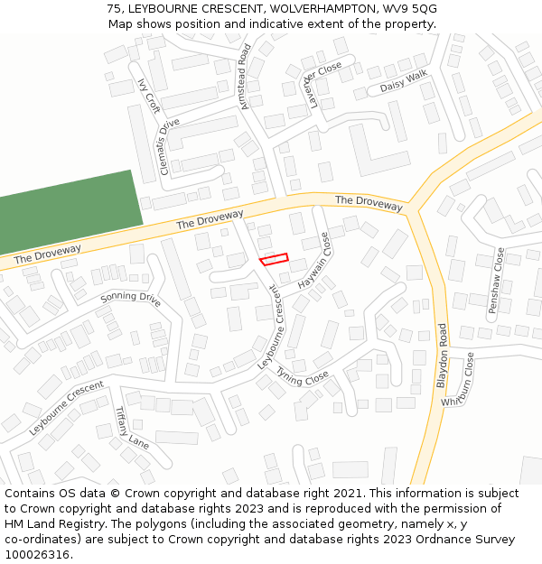 75, LEYBOURNE CRESCENT, WOLVERHAMPTON, WV9 5QG: Location map and indicative extent of plot