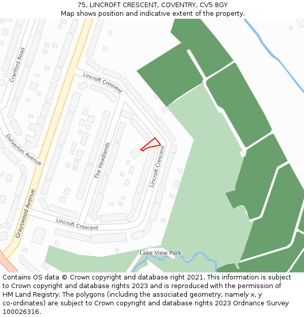 75, LINCROFT CRESCENT, COVENTRY, CV5 8GY: Location map and indicative extent of plot