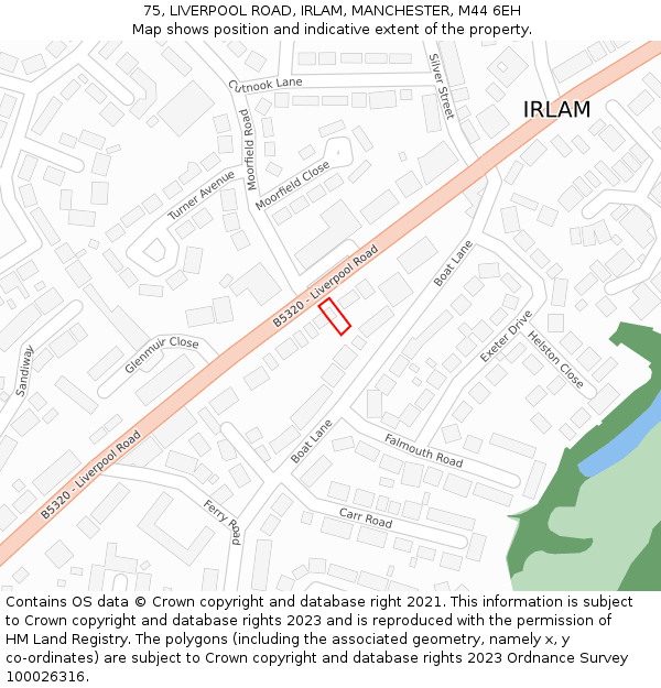 75, LIVERPOOL ROAD, IRLAM, MANCHESTER, M44 6EH: Location map and indicative extent of plot