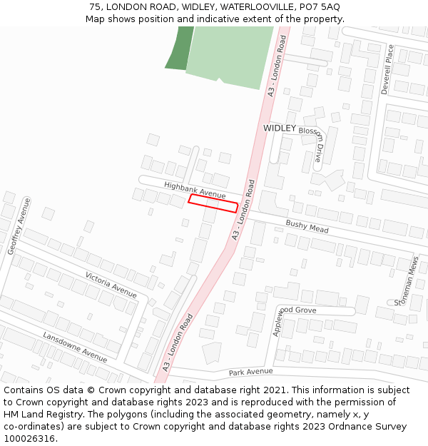 75, LONDON ROAD, WIDLEY, WATERLOOVILLE, PO7 5AQ: Location map and indicative extent of plot
