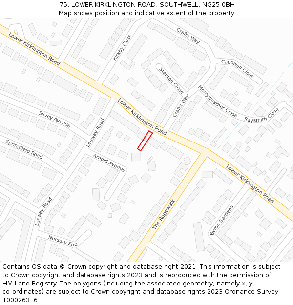 75, LOWER KIRKLINGTON ROAD, SOUTHWELL, NG25 0BH: Location map and indicative extent of plot