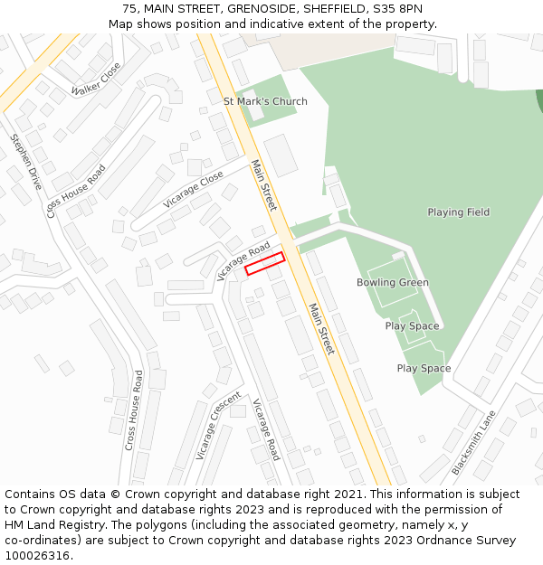 75, MAIN STREET, GRENOSIDE, SHEFFIELD, S35 8PN: Location map and indicative extent of plot
