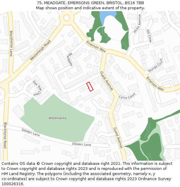 75, MEADGATE, EMERSONS GREEN, BRISTOL, BS16 7BB: Location map and indicative extent of plot