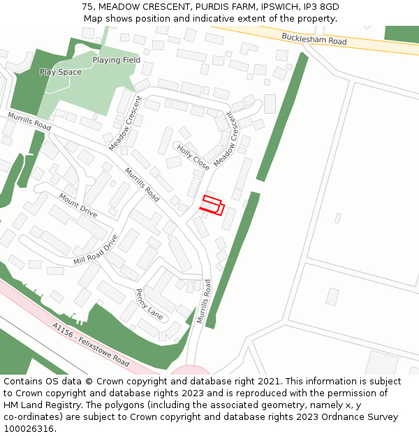 75, MEADOW CRESCENT, PURDIS FARM, IPSWICH, IP3 8GD: Location map and indicative extent of plot