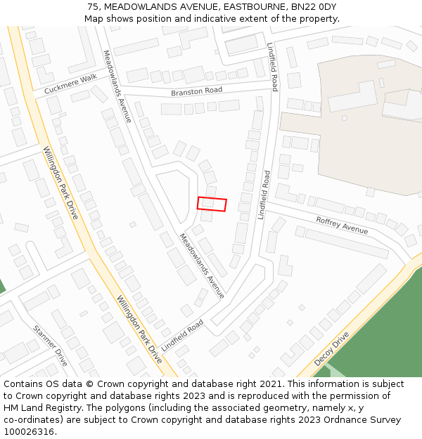 75, MEADOWLANDS AVENUE, EASTBOURNE, BN22 0DY: Location map and indicative extent of plot