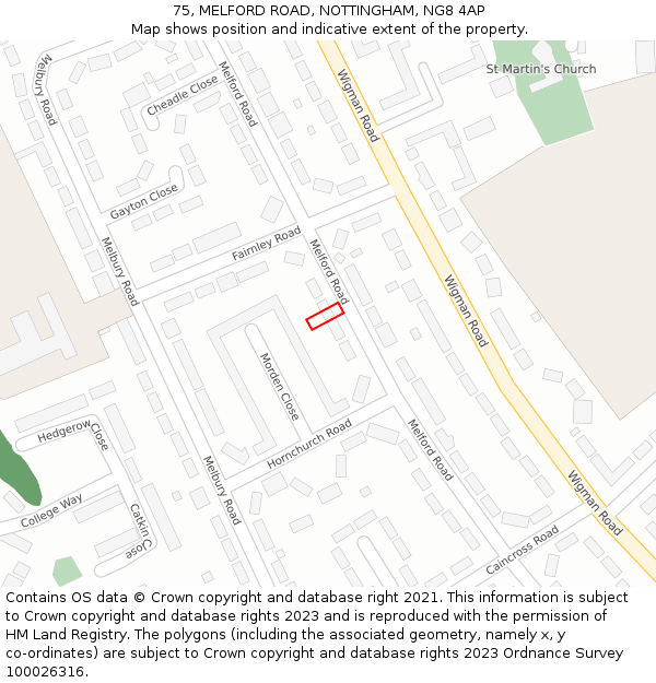 75, MELFORD ROAD, NOTTINGHAM, NG8 4AP: Location map and indicative extent of plot