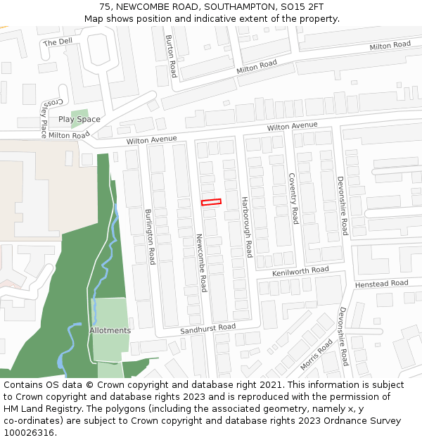 75, NEWCOMBE ROAD, SOUTHAMPTON, SO15 2FT: Location map and indicative extent of plot