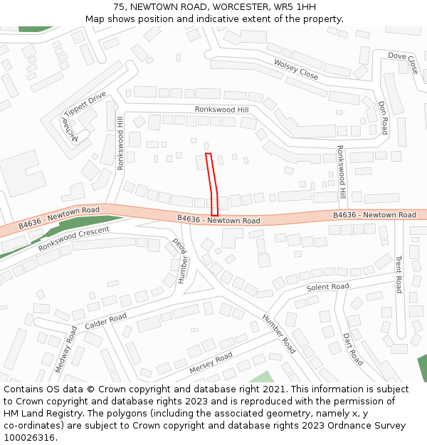 75, NEWTOWN ROAD, WORCESTER, WR5 1HH: Location map and indicative extent of plot