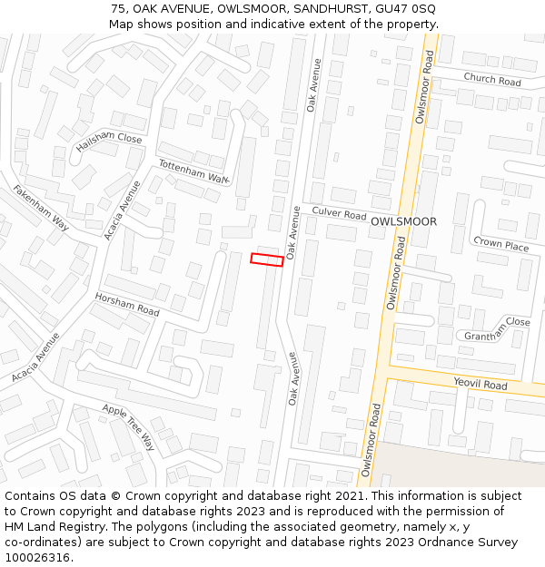 75, OAK AVENUE, OWLSMOOR, SANDHURST, GU47 0SQ: Location map and indicative extent of plot