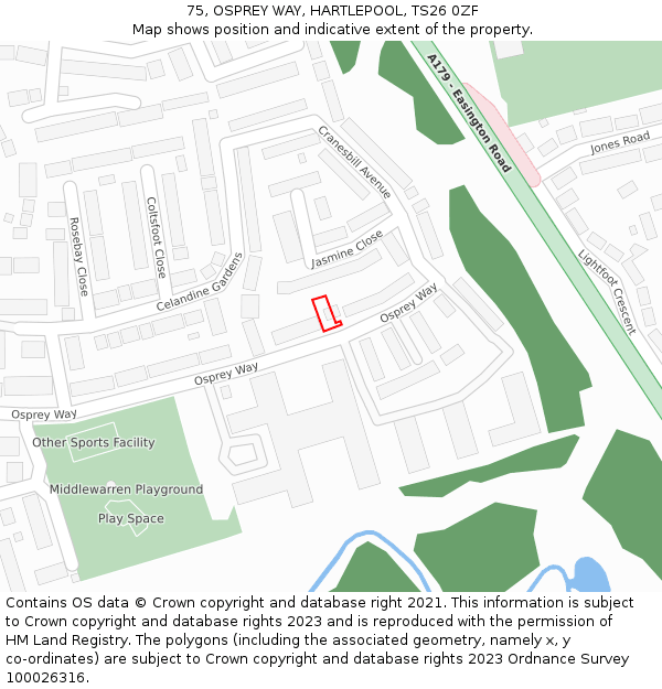 75, OSPREY WAY, HARTLEPOOL, TS26 0ZF: Location map and indicative extent of plot