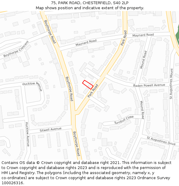 75, PARK ROAD, CHESTERFIELD, S40 2LP: Location map and indicative extent of plot