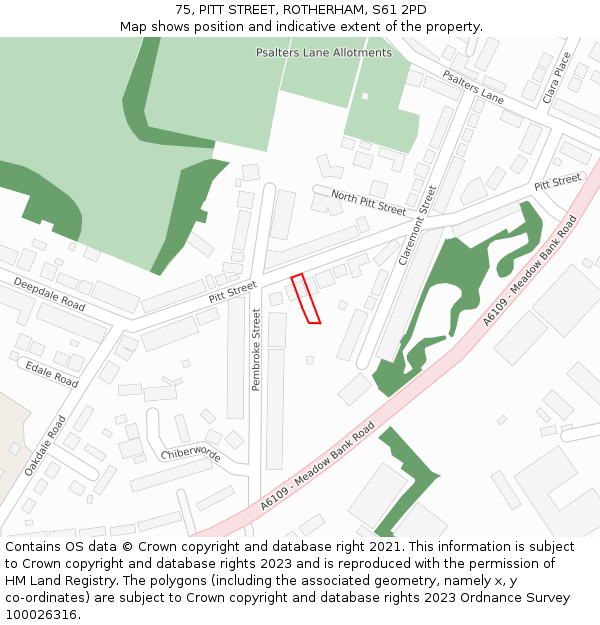 75, PITT STREET, ROTHERHAM, S61 2PD: Location map and indicative extent of plot