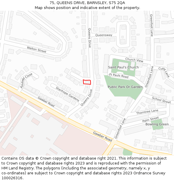 75, QUEENS DRIVE, BARNSLEY, S75 2QA: Location map and indicative extent of plot