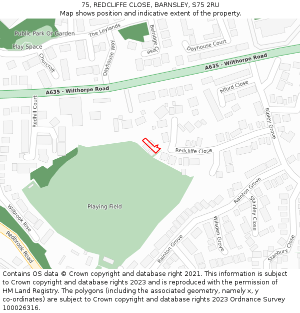 75, REDCLIFFE CLOSE, BARNSLEY, S75 2RU: Location map and indicative extent of plot