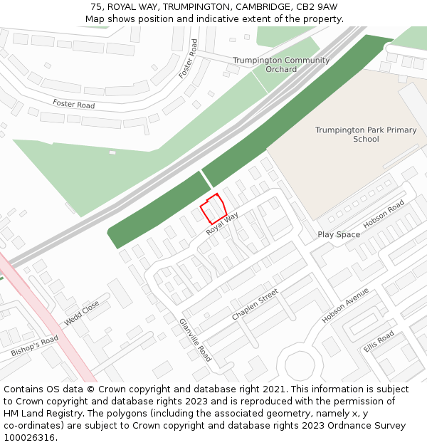 75, ROYAL WAY, TRUMPINGTON, CAMBRIDGE, CB2 9AW: Location map and indicative extent of plot