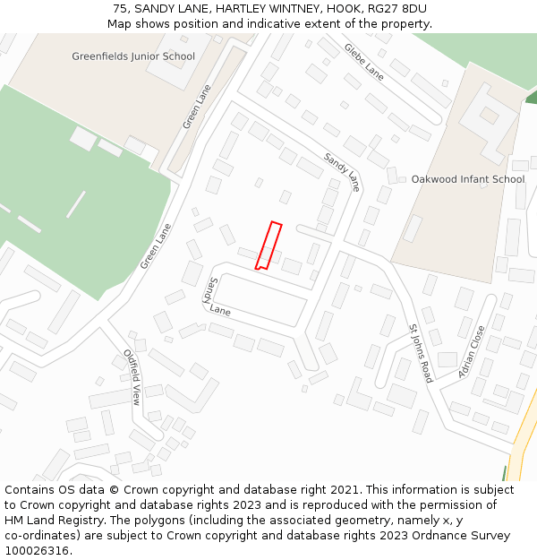 75, SANDY LANE, HARTLEY WINTNEY, HOOK, RG27 8DU: Location map and indicative extent of plot
