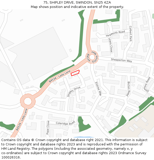 75, SHIPLEY DRIVE, SWINDON, SN25 4ZA: Location map and indicative extent of plot