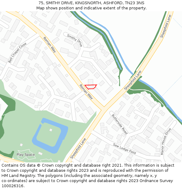 75, SMITHY DRIVE, KINGSNORTH, ASHFORD, TN23 3NS: Location map and indicative extent of plot
