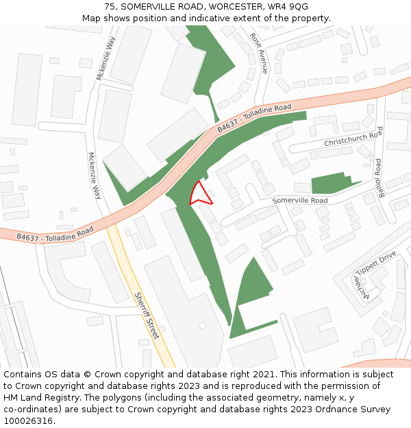 75, SOMERVILLE ROAD, WORCESTER, WR4 9QG: Location map and indicative extent of plot