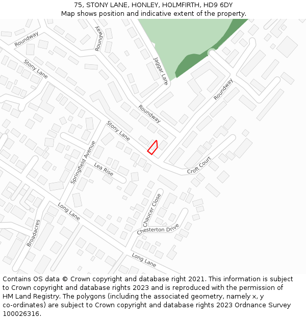 75, STONY LANE, HONLEY, HOLMFIRTH, HD9 6DY: Location map and indicative extent of plot
