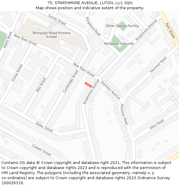 75, STRATHMORE AVENUE, LUTON, LU1 3QN: Location map and indicative extent of plot