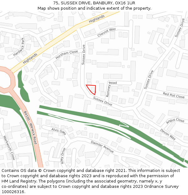 75, SUSSEX DRIVE, BANBURY, OX16 1UR: Location map and indicative extent of plot