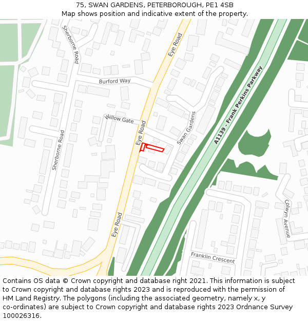 75, SWAN GARDENS, PETERBOROUGH, PE1 4SB: Location map and indicative extent of plot