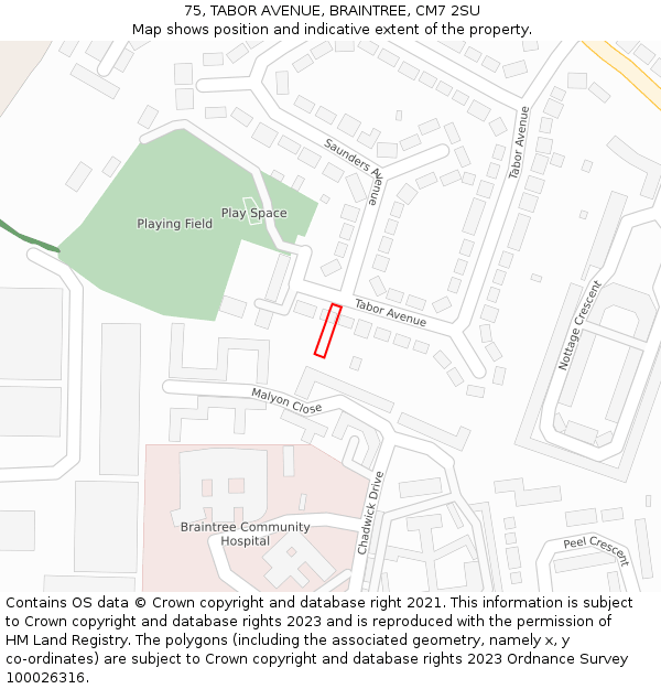 75, TABOR AVENUE, BRAINTREE, CM7 2SU: Location map and indicative extent of plot