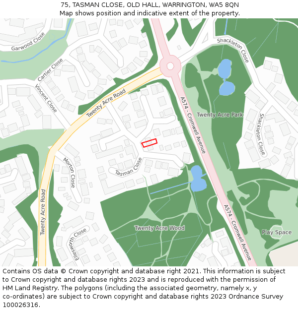 75, TASMAN CLOSE, OLD HALL, WARRINGTON, WA5 8QN: Location map and indicative extent of plot