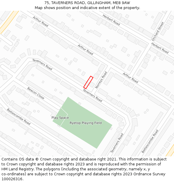 75, TAVERNERS ROAD, GILLINGHAM, ME8 9AW: Location map and indicative extent of plot