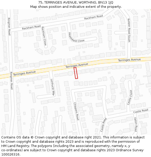 75, TERRINGES AVENUE, WORTHING, BN13 1JQ: Location map and indicative extent of plot