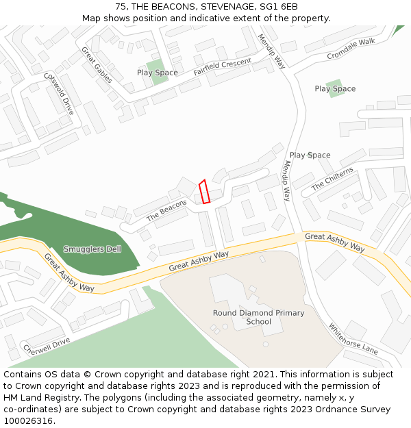 75, THE BEACONS, STEVENAGE, SG1 6EB: Location map and indicative extent of plot