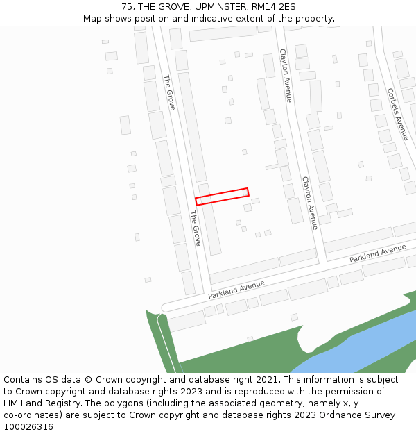 75, THE GROVE, UPMINSTER, RM14 2ES: Location map and indicative extent of plot