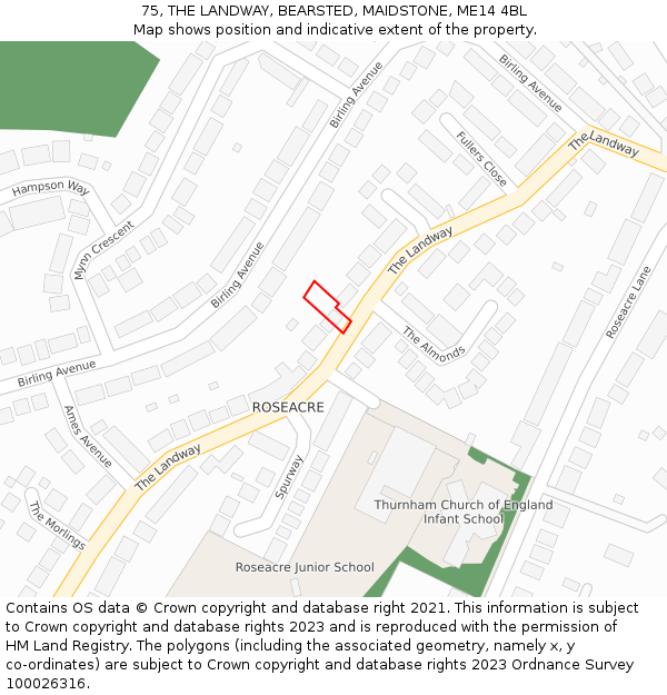 75, THE LANDWAY, BEARSTED, MAIDSTONE, ME14 4BL: Location map and indicative extent of plot
