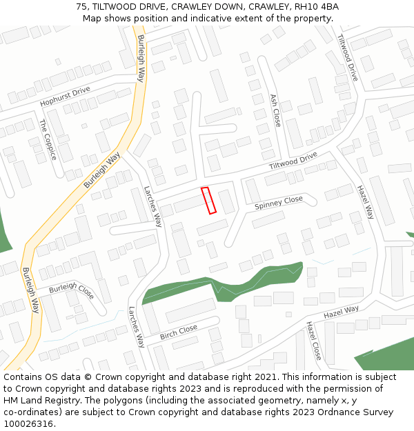 75, TILTWOOD DRIVE, CRAWLEY DOWN, CRAWLEY, RH10 4BA: Location map and indicative extent of plot