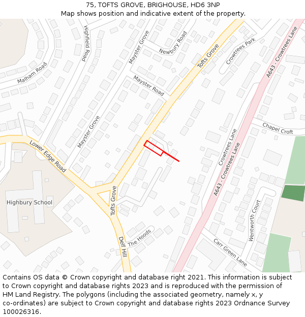 75, TOFTS GROVE, BRIGHOUSE, HD6 3NP: Location map and indicative extent of plot