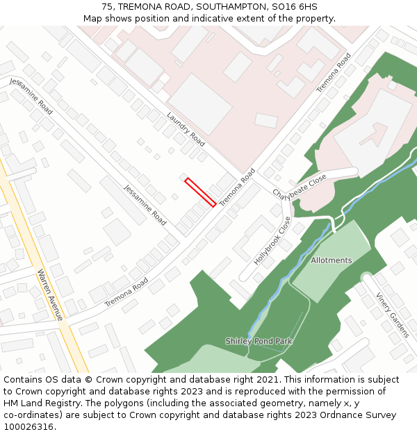 75, TREMONA ROAD, SOUTHAMPTON, SO16 6HS: Location map and indicative extent of plot