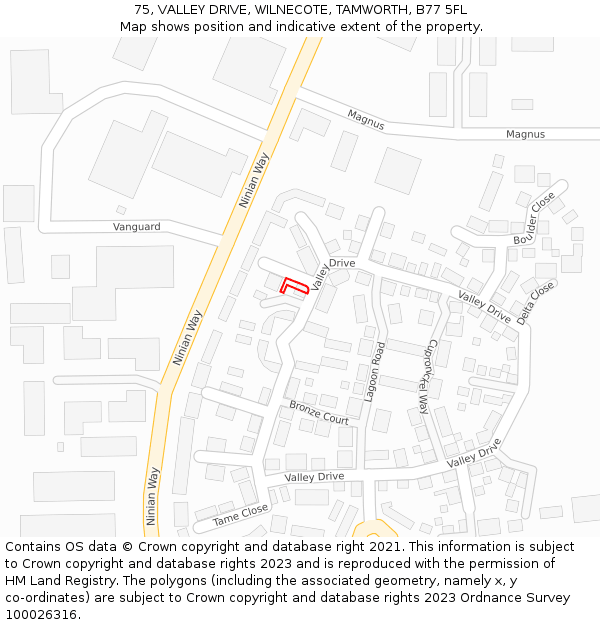 75, VALLEY DRIVE, WILNECOTE, TAMWORTH, B77 5FL: Location map and indicative extent of plot