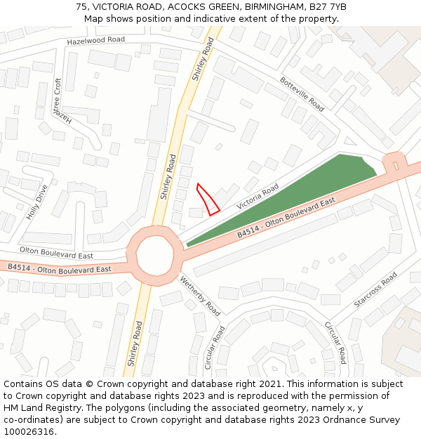 75, VICTORIA ROAD, ACOCKS GREEN, BIRMINGHAM, B27 7YB: Location map and indicative extent of plot