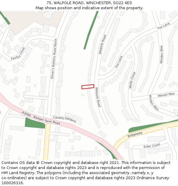 75, WALPOLE ROAD, WINCHESTER, SO22 4ES: Location map and indicative extent of plot