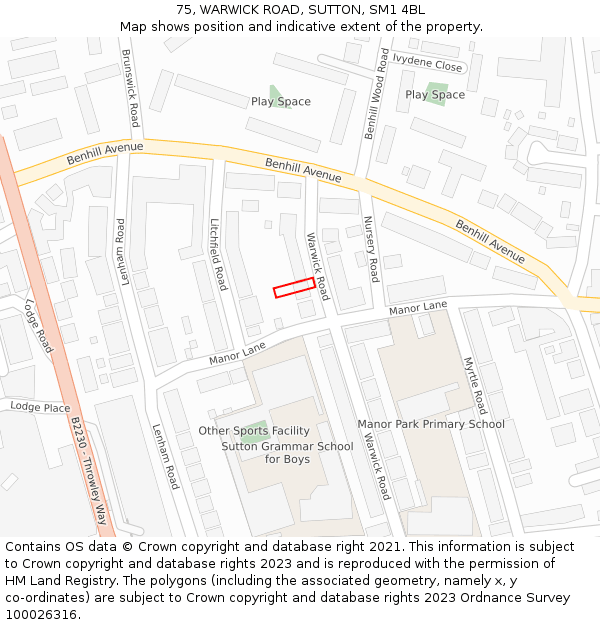 75, WARWICK ROAD, SUTTON, SM1 4BL: Location map and indicative extent of plot