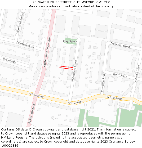 75, WATERHOUSE STREET, CHELMSFORD, CM1 2TZ: Location map and indicative extent of plot