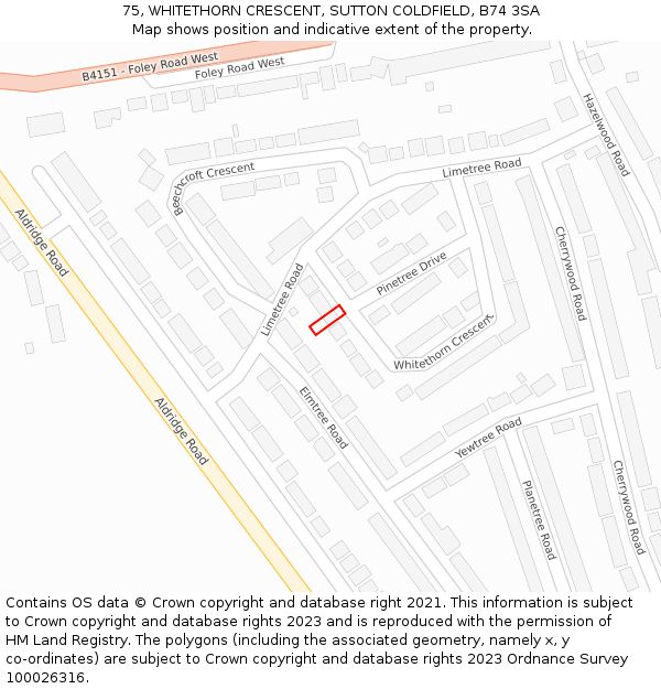 75, WHITETHORN CRESCENT, SUTTON COLDFIELD, B74 3SA: Location map and indicative extent of plot