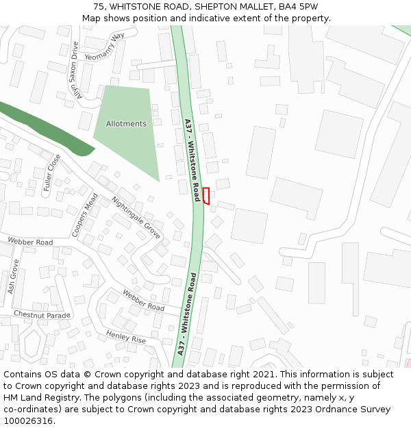 75, WHITSTONE ROAD, SHEPTON MALLET, BA4 5PW: Location map and indicative extent of plot