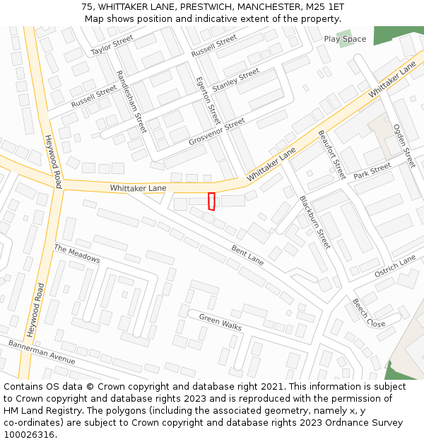 75, WHITTAKER LANE, PRESTWICH, MANCHESTER, M25 1ET: Location map and indicative extent of plot