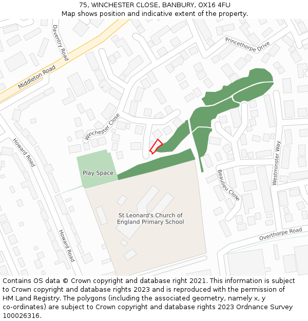 75, WINCHESTER CLOSE, BANBURY, OX16 4FU: Location map and indicative extent of plot