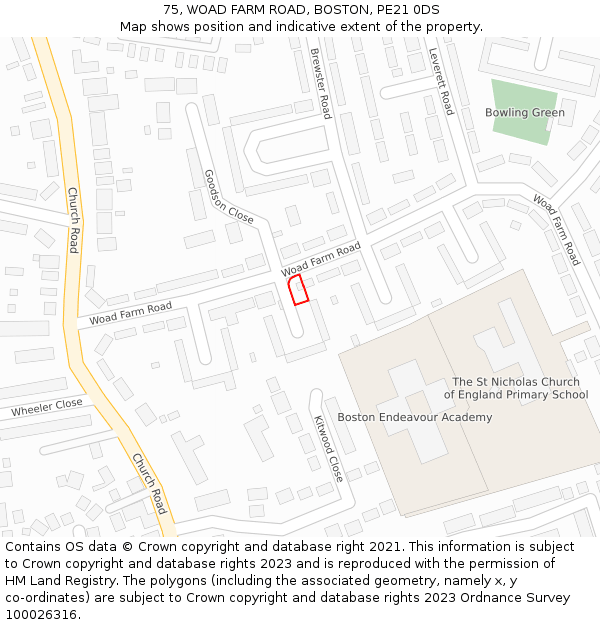75, WOAD FARM ROAD, BOSTON, PE21 0DS: Location map and indicative extent of plot